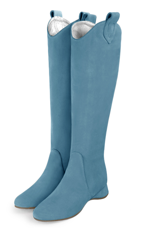 Peacock blue women's cowboy boots. Round toe. Flat wedge heels. Made to measure. Front view - Florence KOOIJMAN